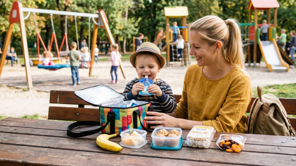 Anyuka és kisgyerek a játszótéren uzsonáznak – hűtőtáskából joghurttubus, banán, zabmuffin és ricesz