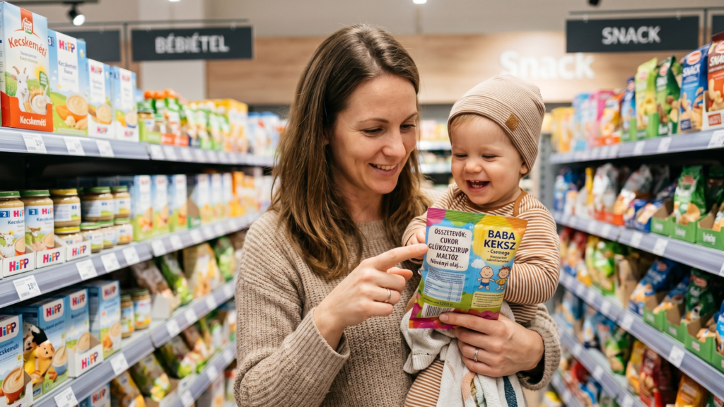 Anyuka elolvassa a baba keksz összetevőit a boltban – cukor és glükózszirup a listán