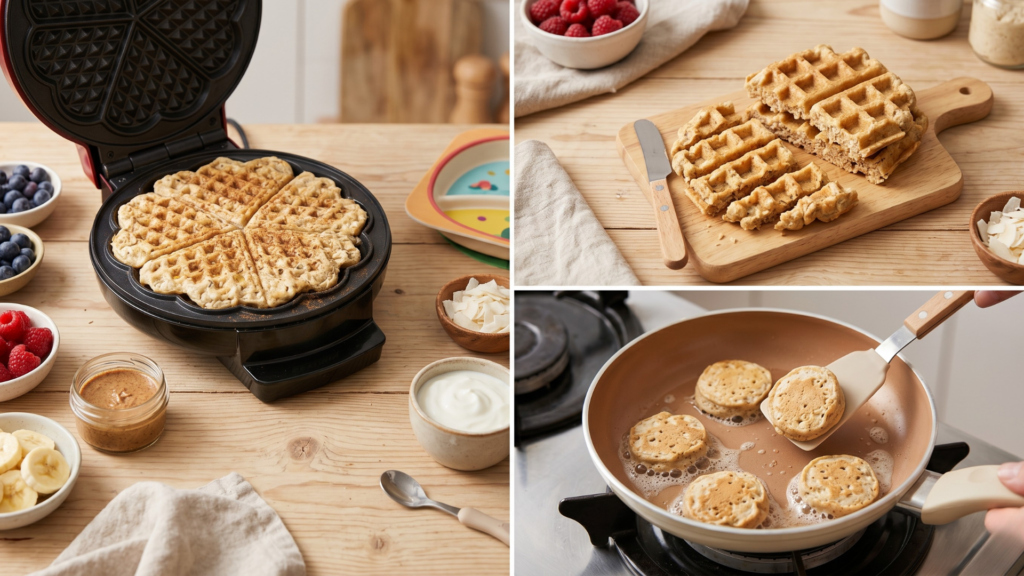 Baba gofri gofrisütőben és serpenyőben – zabos palacsinta kiskoronggal serpenyőben fordítva, kész gofri vágódeszkán