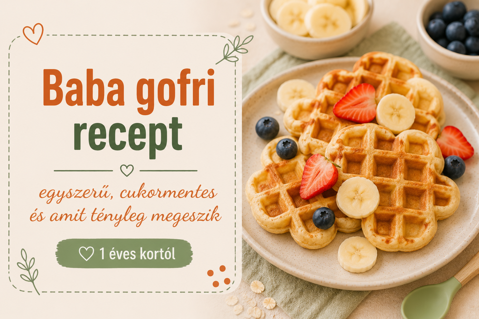 Baba gofri recept 1 éves kortól – szíves gofrik tányéron banánszeletekkel, eperrel és áfonyával