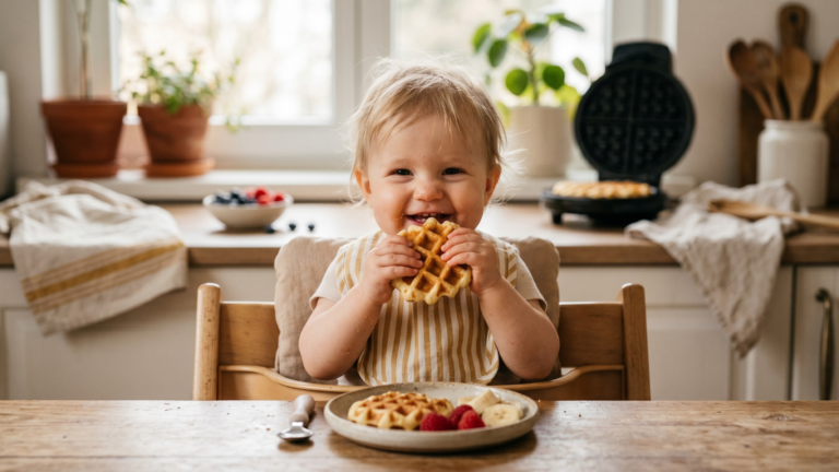 Kisgyerek örömmel eszi a baba gofrit etetőszékben – gofrisütő a háttérben, málna és banán a tányéron