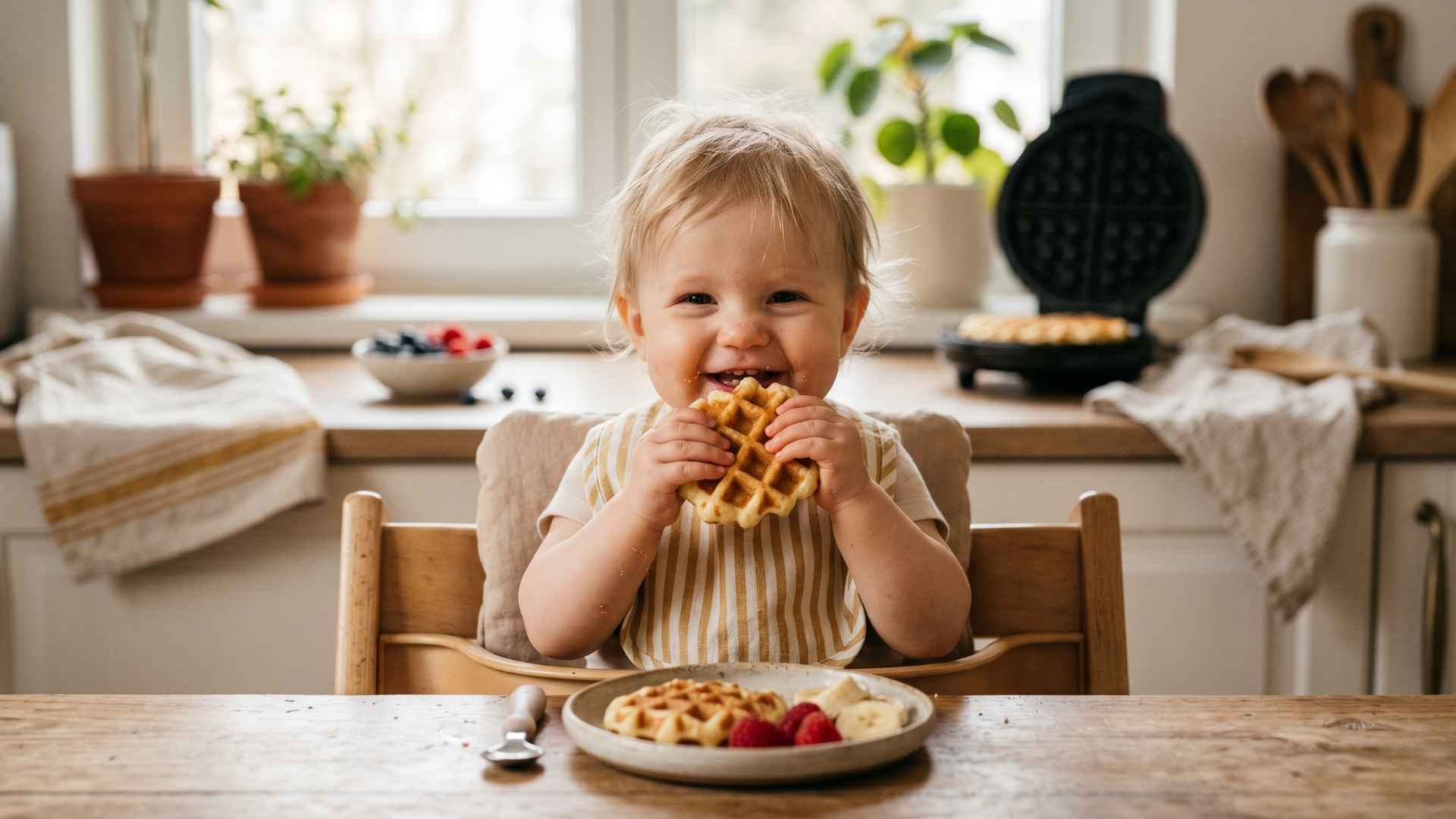 Kisgyerek örömmel eszi a baba gofrit etetőszékben – gofrisütő a háttérben, málna és banán a tányéron