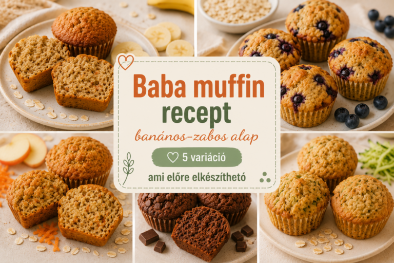 Baba muffin recept kollázs – 5 variáció: alap banános, áfonyás, répás, kakaós és cukkinies muffin