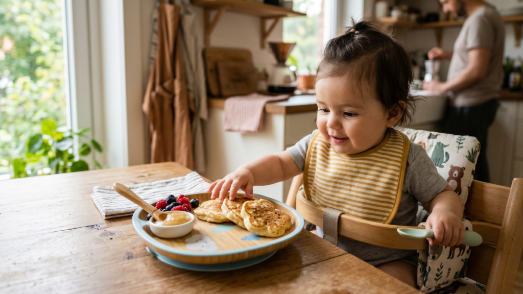 Baba palacsintát fog a tányérról – gyümölcsös cukormentes reggeli etetőszékben