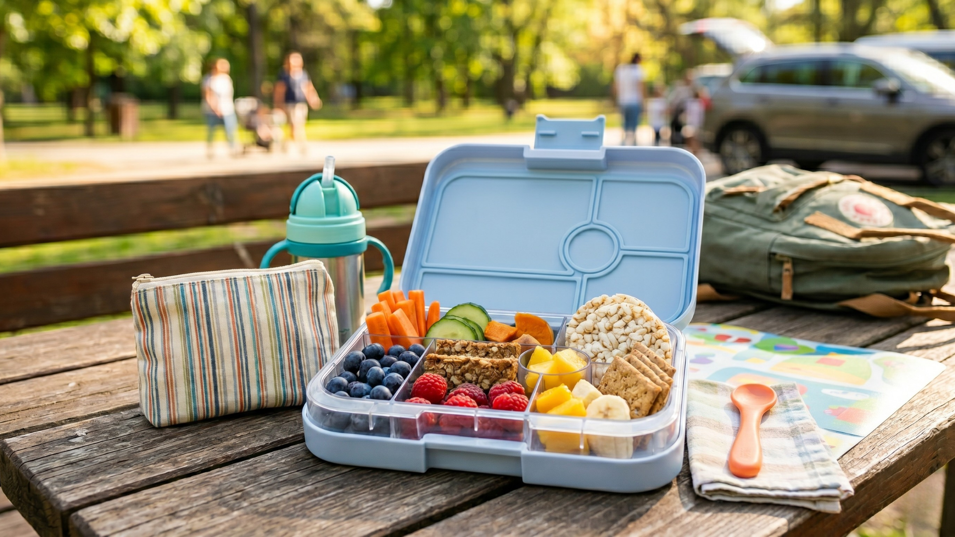 Bababarát snack doboz kinyitva padon – áfonya, málna, sárgarépa, ricesz és gyümölcs rekeszekben