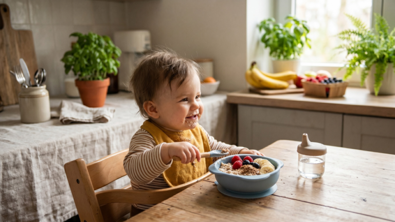 Baba cukormentes reggelit eszik – zabkása málnával és banánnal, otthoni konyhai háttér