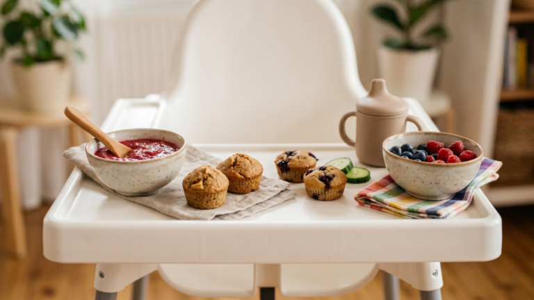 Cukormentes baba uzsonna etetőszéken – zabos muffin, bogyós gyümölcs és gyümölcspüré
