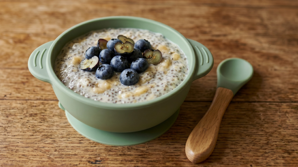 Cukormentes chia puding banánnal és áfonyával babának – előre elkészíthető cukormentes reggeli