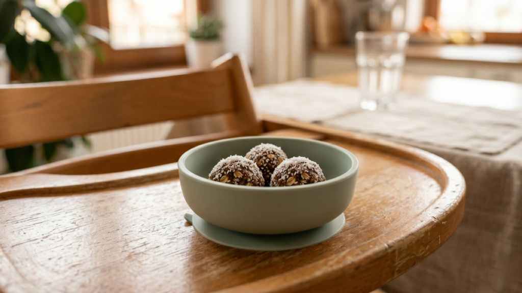 Cukormentes datolyás-kókuszos energiagolyók babatálban etetőszéken – előre elkészíthető uzsonna