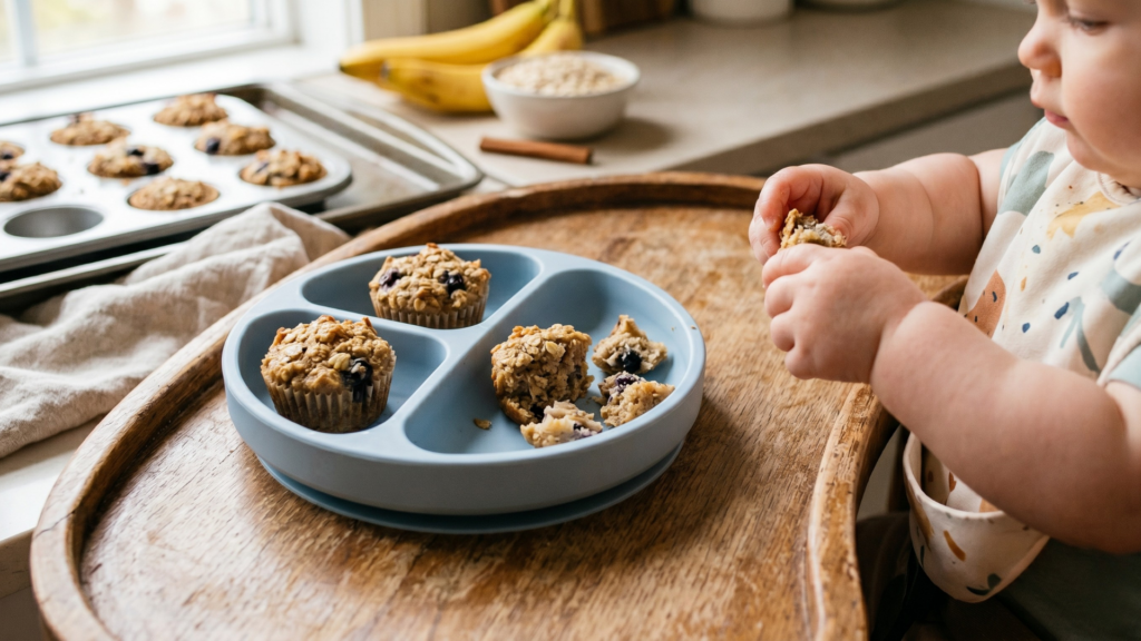 Baba cukormentes zabos-áfonyás muffint eszik etetőszékben – frissen sütött muffin tálcával a háttérben