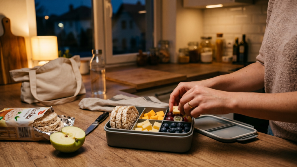 Anyuka este összerakja a snack dobozt másnapi programra – sajt, áfonya, szőlő és ricesz