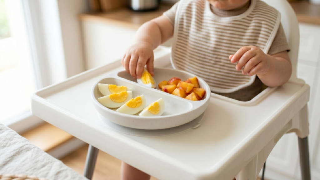 Főtt tojás negyedelve és őszibarack kockák osztott tányéron – tápláló 10 hónapos baba uzsonna