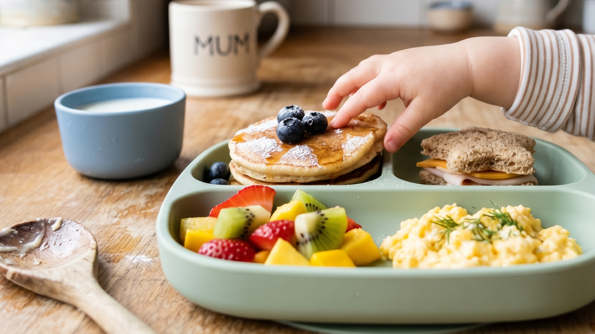 Gyors baba reggeli – palacsinta áfonyával, gyümölcssaláta és rántotta osztott tányéron