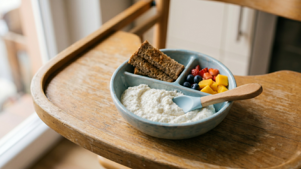 Gyors baba reggeli – túrókrém pirítóssal és friss gyümölcsökkel osztott tányéron