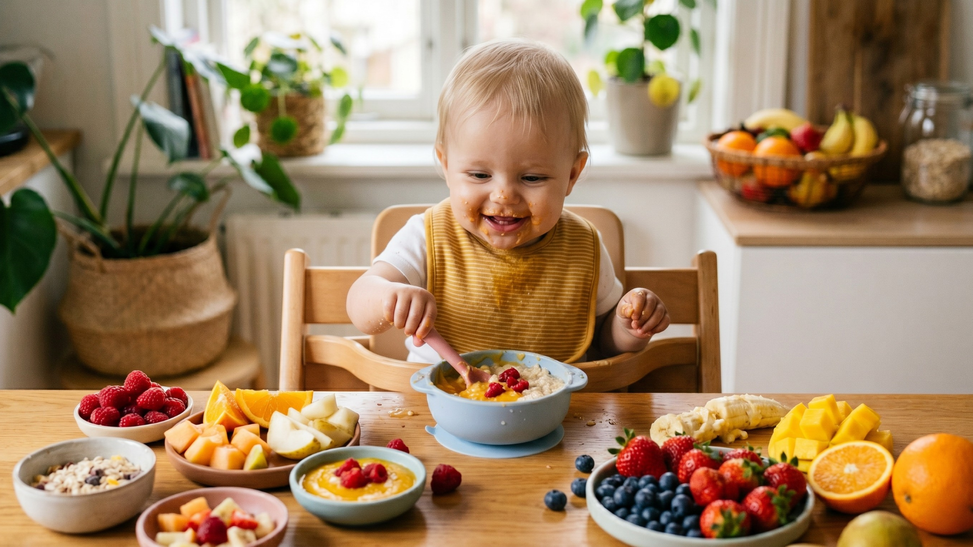 Baba gyümölcsös reggelit eszik – sok friss gyümölcs körülötte, mosolygós, otthoni hangulat