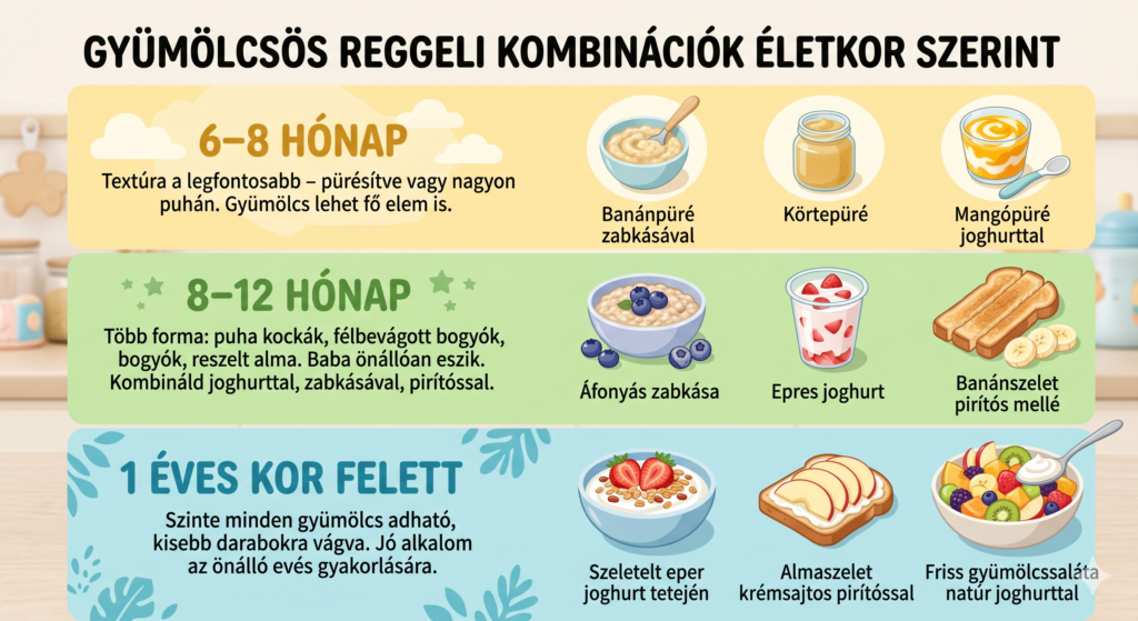 Gyümölcsös reggeli kombinációk életkor szerint – 6-8 hónap, 8-12 hónap és 1 éves kor felett ajánlott ételek infografika