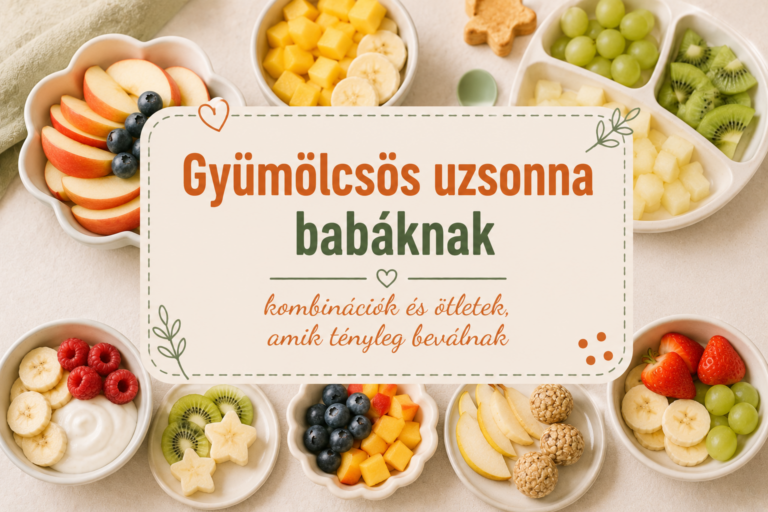 Gyümölcsös uzsonna babáknak kollázs – alma, mangó, banán, málna, kiwi, szőlő, áfonya és körte különböző tálkákban és osztott tányérokon