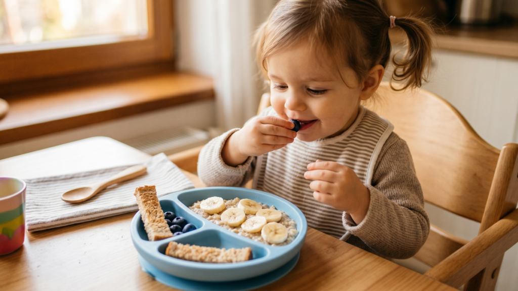 Kisgyerek áfonyát eszik reggelire – zabkása banánnal és pirítós csík osztott tányéron