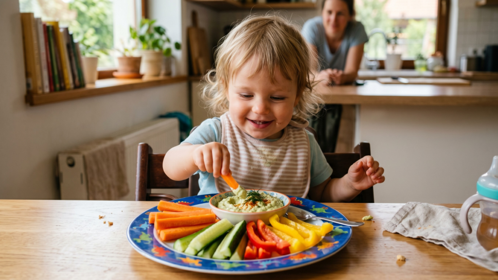 Kisgyerek sárgarépát márt humuszba – zöldségcsíkok és mártogató 1 éves uzsonna kombináció
