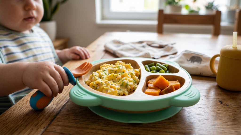 Rántotta zöldséggel baba reggelire – osztott tányéron sárgarépával és borsóval