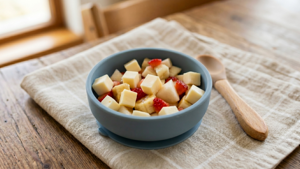 Sajt kockák epres banánsaláta tálban – bevált 10 hónapos baba uzsonna kombináció