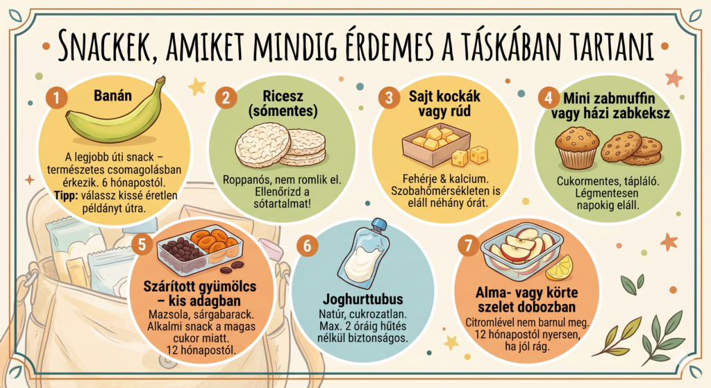 Snackek amiket mindig érdemes a táskában tartani – banán, ricesz, sajt, zabmuffin, szárított gyümölcs, joghurttubus és almaszelet infografika