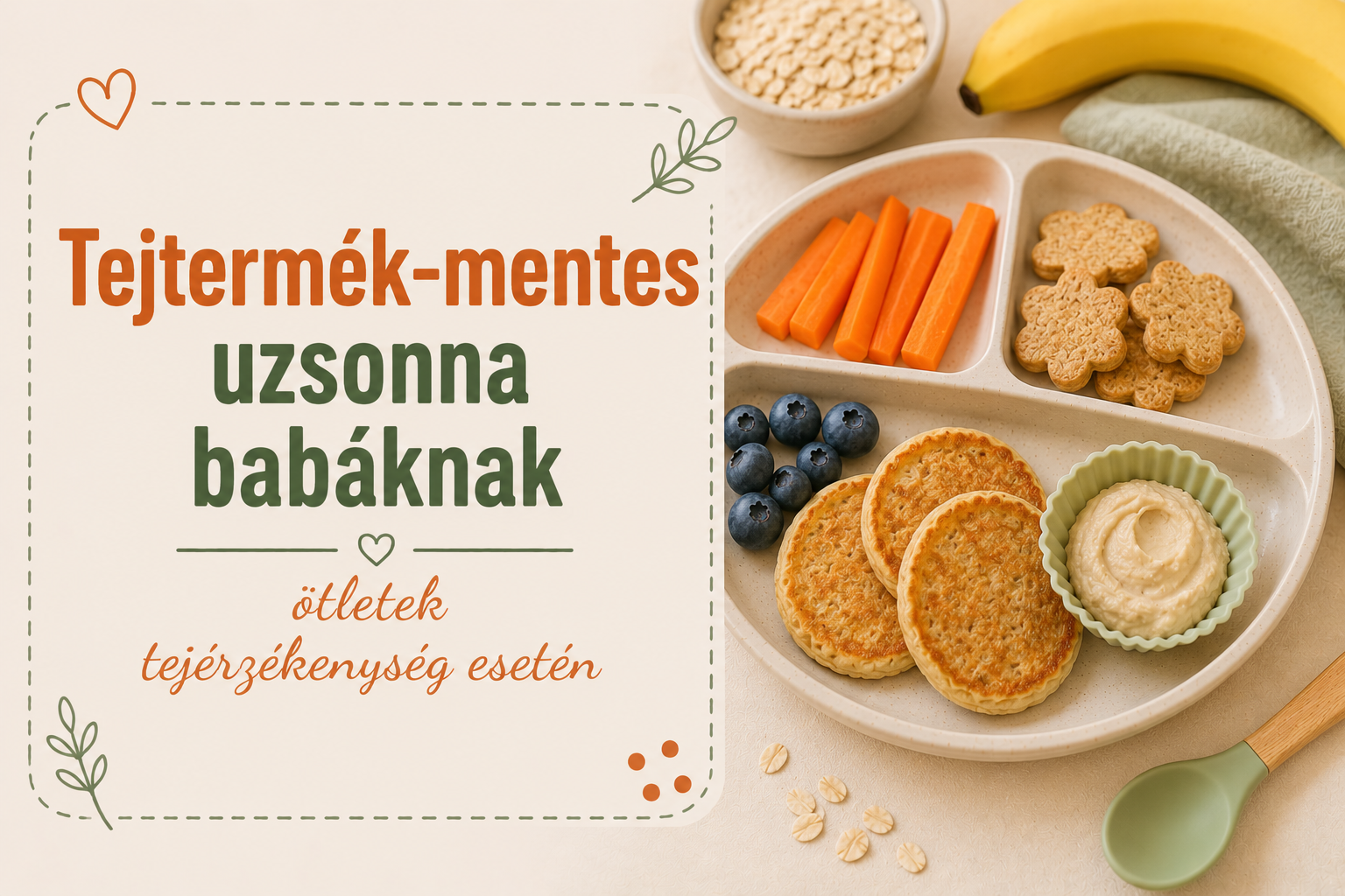 Tejtermék-mentes uzsonna babáknak – zabpalacsinta, répa, keksz, áfonya és humusz osztott babatányéron