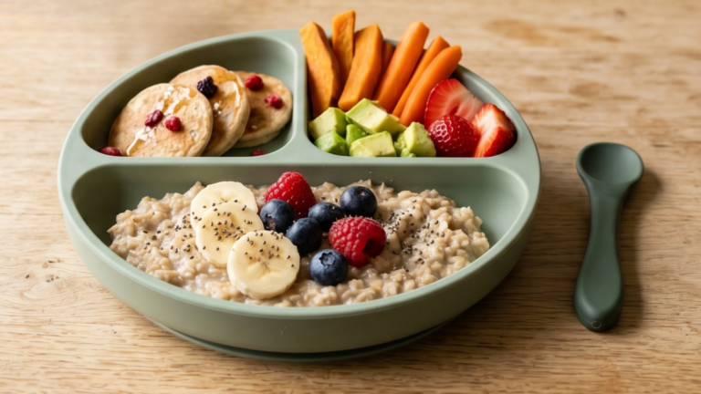 Tejtermék-mentes baba reggeli – zabkása gyümölccsel, banánpalacsinta és avokádó osztott tányéron
