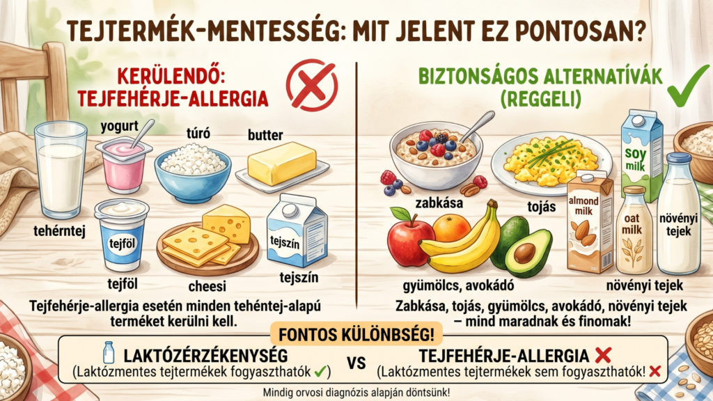 Tejfehérje-allergia infografika – kerülendő tejtermékek és biztonságos reggeli alternatívák babáknak