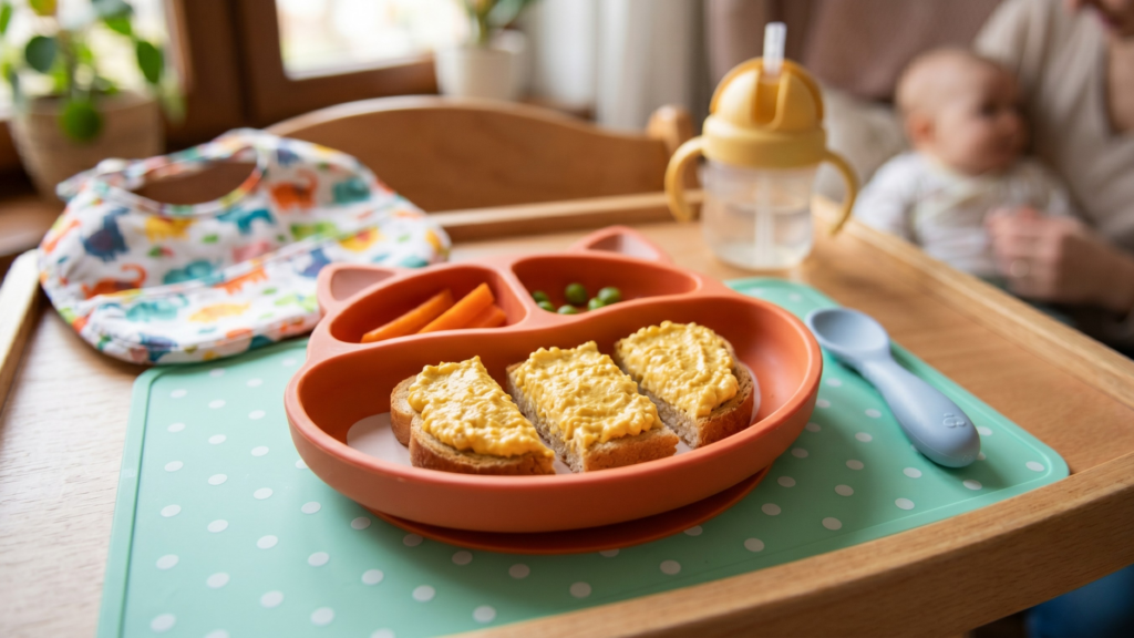 Tojáskrém pirítóson baba reggelire – osztott tányéron sárgarépával és borsóval