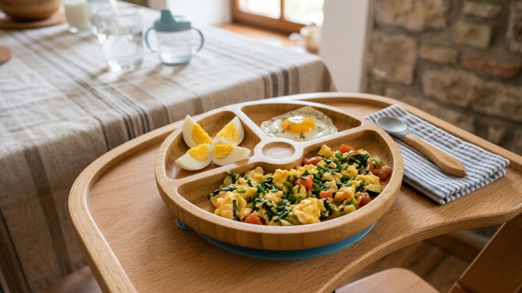 Tojásos reggeli babának – főtt tojás, rántotta és tükörtojás osztott tányéron