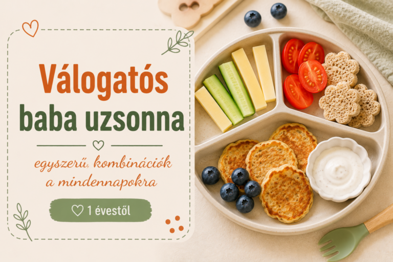 Válogatós baba uzsonna 1 évestől – zabpalacsinta, sajt, uborka, koktélparadicsom, keksz és áfonya osztott tányéron joghurtos mártogatóssal