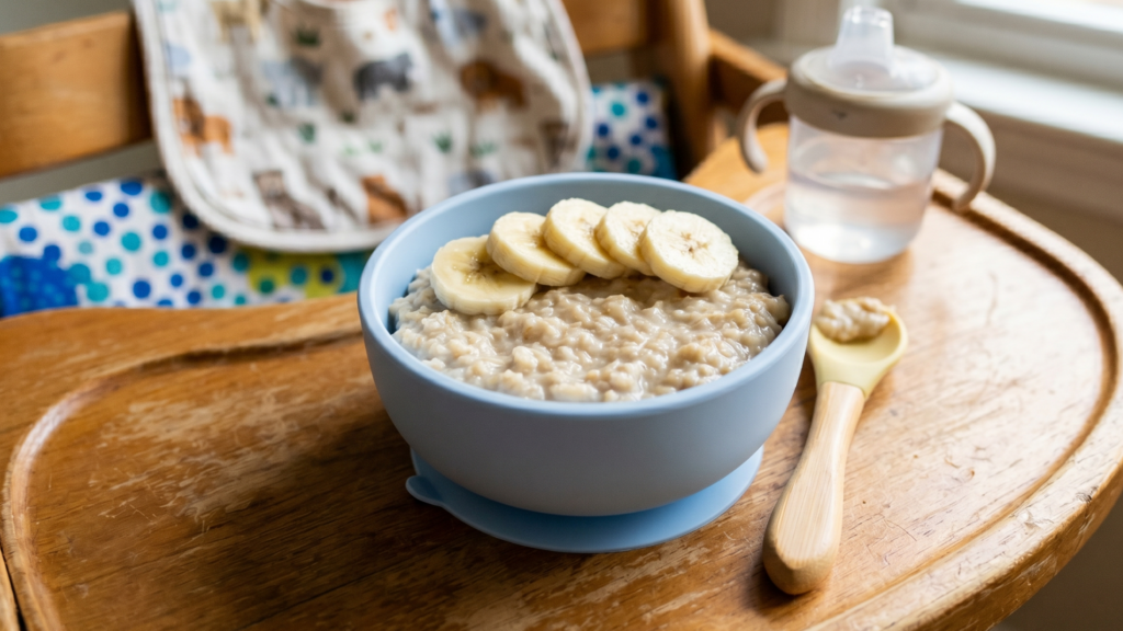 Zabkása banánszeletekkel – klasszikus baba reggeli kék tálban etetőszéken