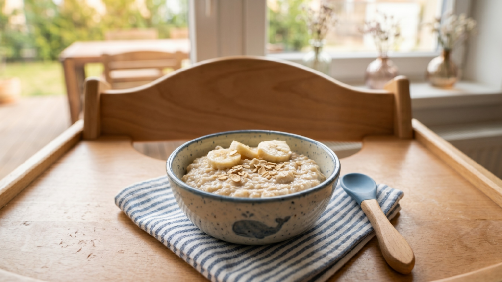 Zabkása banánszeletekkel etetőszéken – klasszikus cukormentes baba reggeli