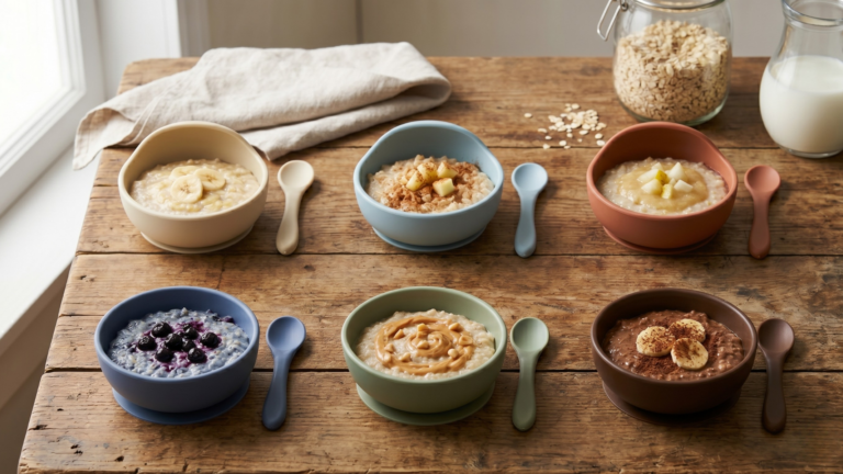 6 zabkása variáció babáknak – banános, almás, körtés, áfonyás, mogyoróvajas és kakaós változat tálkákban