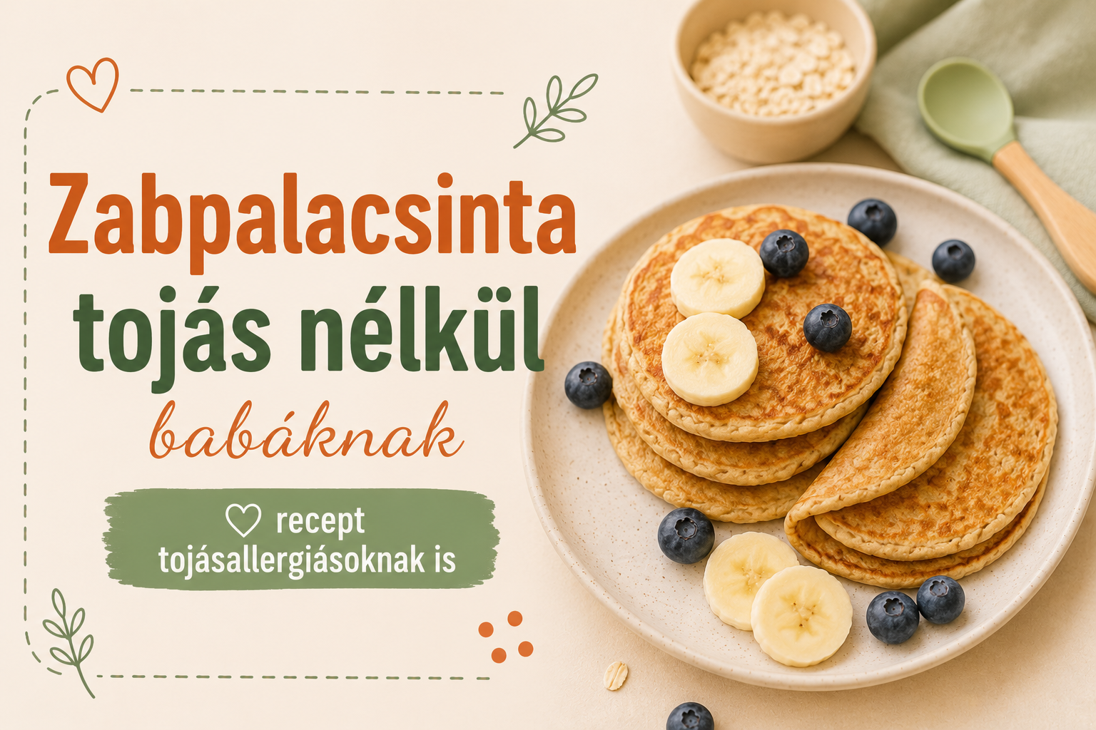 Zabpalacsinta tojás nélkül babáknak – puha palacsinta tányéron banánszeletekkel és áfonyával, tojásallergiásoknak is