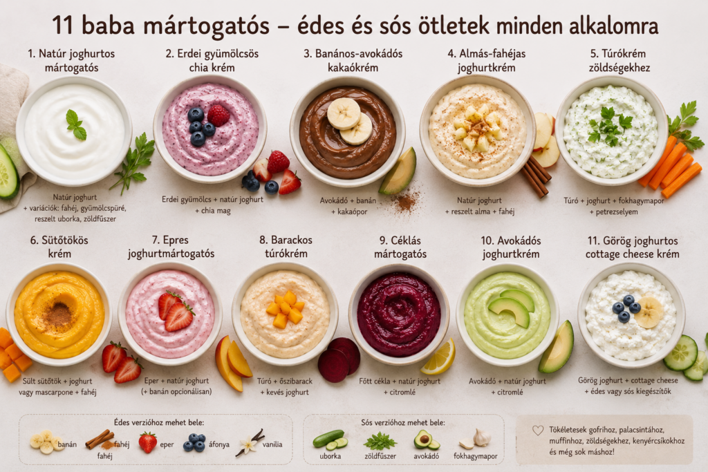 : 11 baba mártogatós recept összefoglalva – natúr joghurtos, erdei gyümölcsös chia krém, banános-avokádós kakaókrém, almás-fahéjas joghurt, túrókrém, sütőtökös krém, epres joghurt, barackos túrókrém, céklás mártogatós, avokádós joghurt, görög joghurtos cottage cheese krém