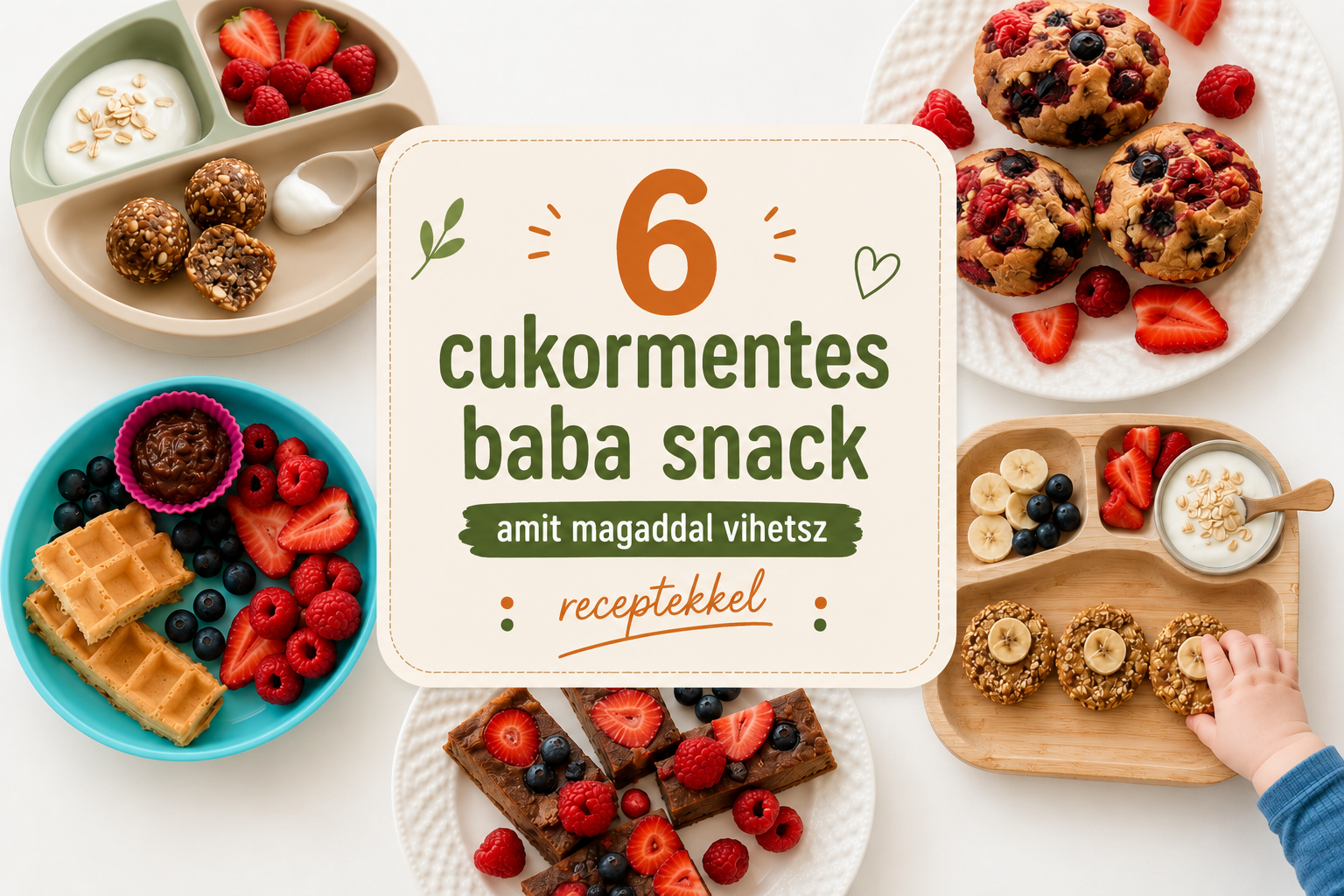 Elvihető cukormentes baba snackek felülnézetből – energiagolyó, muffin, gofri, brownie 8 hónapostól