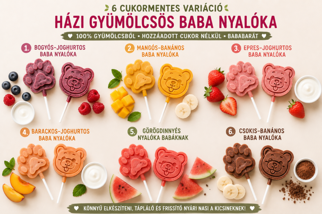 Infografika hatféle házi gyümölcsös baba nyalóka variációval: bogyós-joghurtos, mangós-banános, epres-joghurtos, barackos-joghurtos, görögdinnyés és csokis-banános nyalókák maci és mancs formában