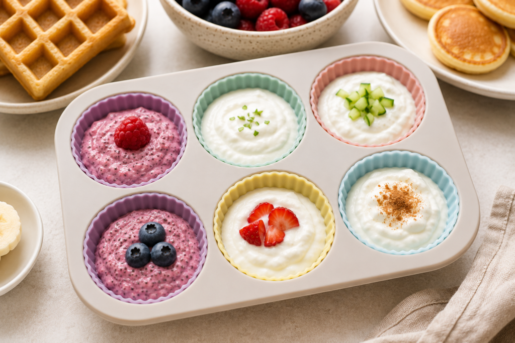 Hatféle baba mártogatós szilikon muffin formákban: erdei gyümölcsös chia krém, natúr joghurt zöldfűszerrel, joghurt uborkával, epres joghurt, almás-fahéjas joghurt, háttérben gofri és mini palacsinta