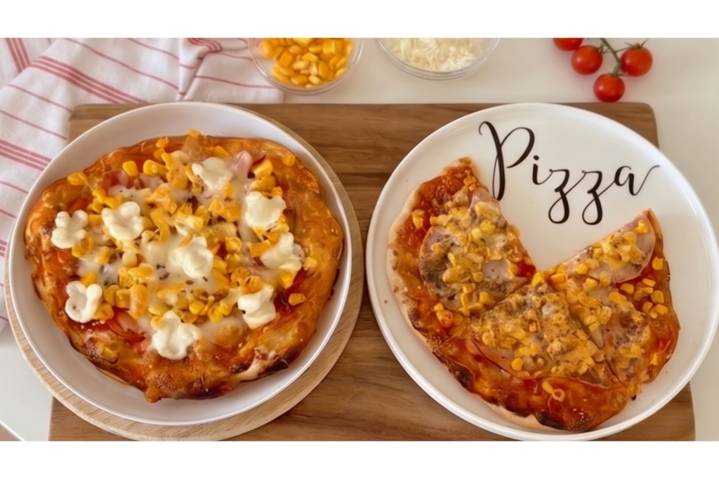 Házi pizza sonkával, kukoricával és sajttal, puha levegős tésztával