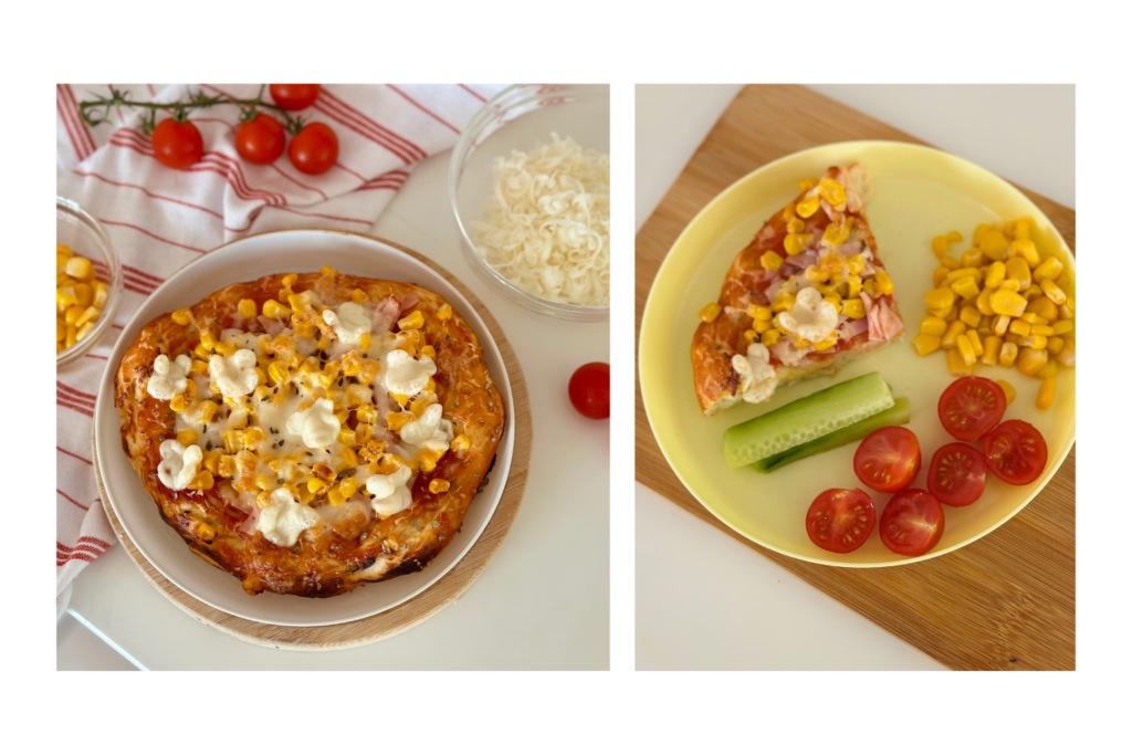 Sonkás-kukoricás baba pizza uborkával és paradicsommal tálalva