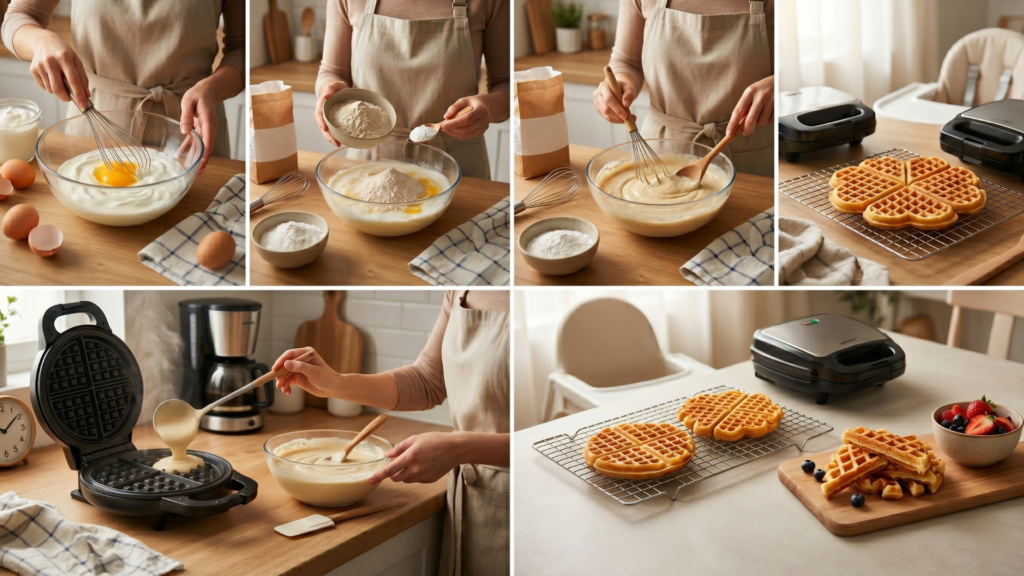 Baba gofri recept elkészítési lépései: tojás és joghurt keverése, liszt hozzáadása, tészta simára keverése, sütés gofrisütőben, kész gofri rácsra kivéve gyümölccsel