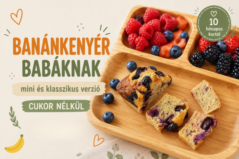 borítókép cukormentes mini banánkenyérről bogyós gyümölcsökkel és „10 hónapos kortól” jelöléssel.