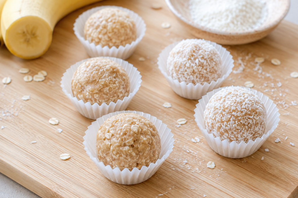 Banános-kókuszos energiagolyók mini muffinpapírban, egy részük kókuszreszelékbe forgatva, mellette banán és zabpehely