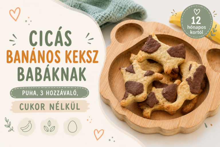 Kész cicás banános kekszek medve alakú fatányéron, háttérben banán és zöld kendő - borítókép