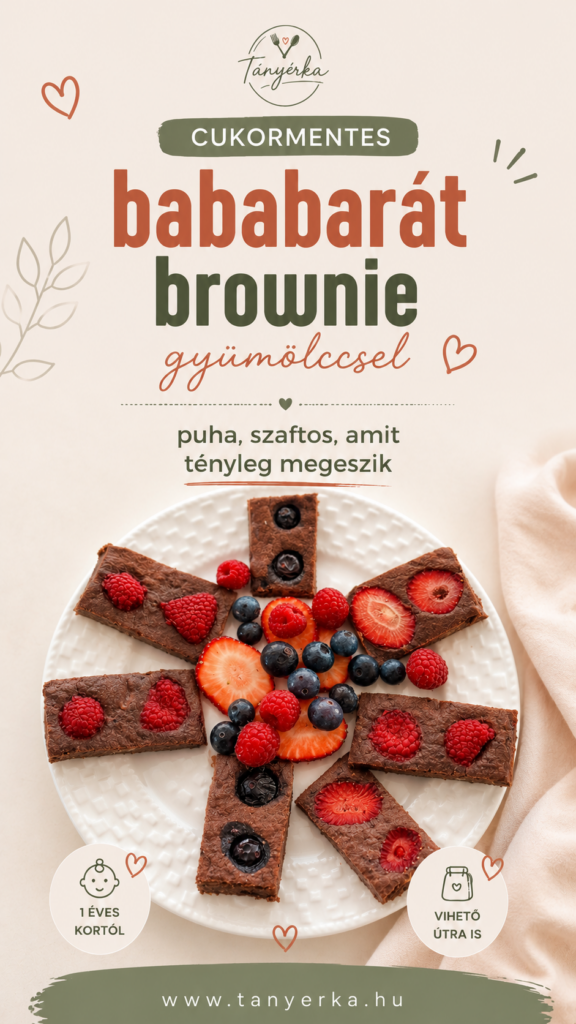 Tányérka cukormentes bababarát brownie Pinterest grafika – 1 éves kortól, útra is vihető, puha szaftos brownie gyümölccsel