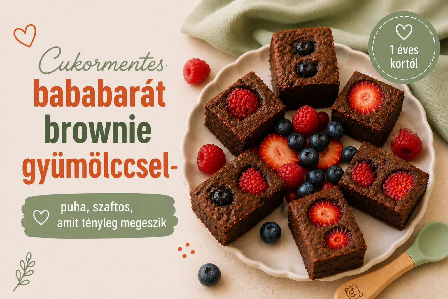 Cukormentes bababarát brownie 1 éves kortól – kakaós brownie kockák tányéron málnával, eperrel és áfonyával, babás kanállal