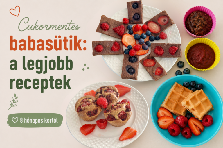 Cukormentes babasütik kollázs – brownie szeletek, epres-málnás muffin és baba gofri gyümölccsel tálalva, 8 hónapos kortól