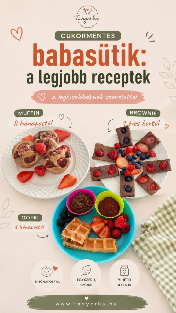 Tányérka cukormentes babasütik Pinterest grafika – muffin 8 hónapostól, brownie 1 éves kortól, gofri 8 hónapostól, egyszerű gyors és útra is vihető